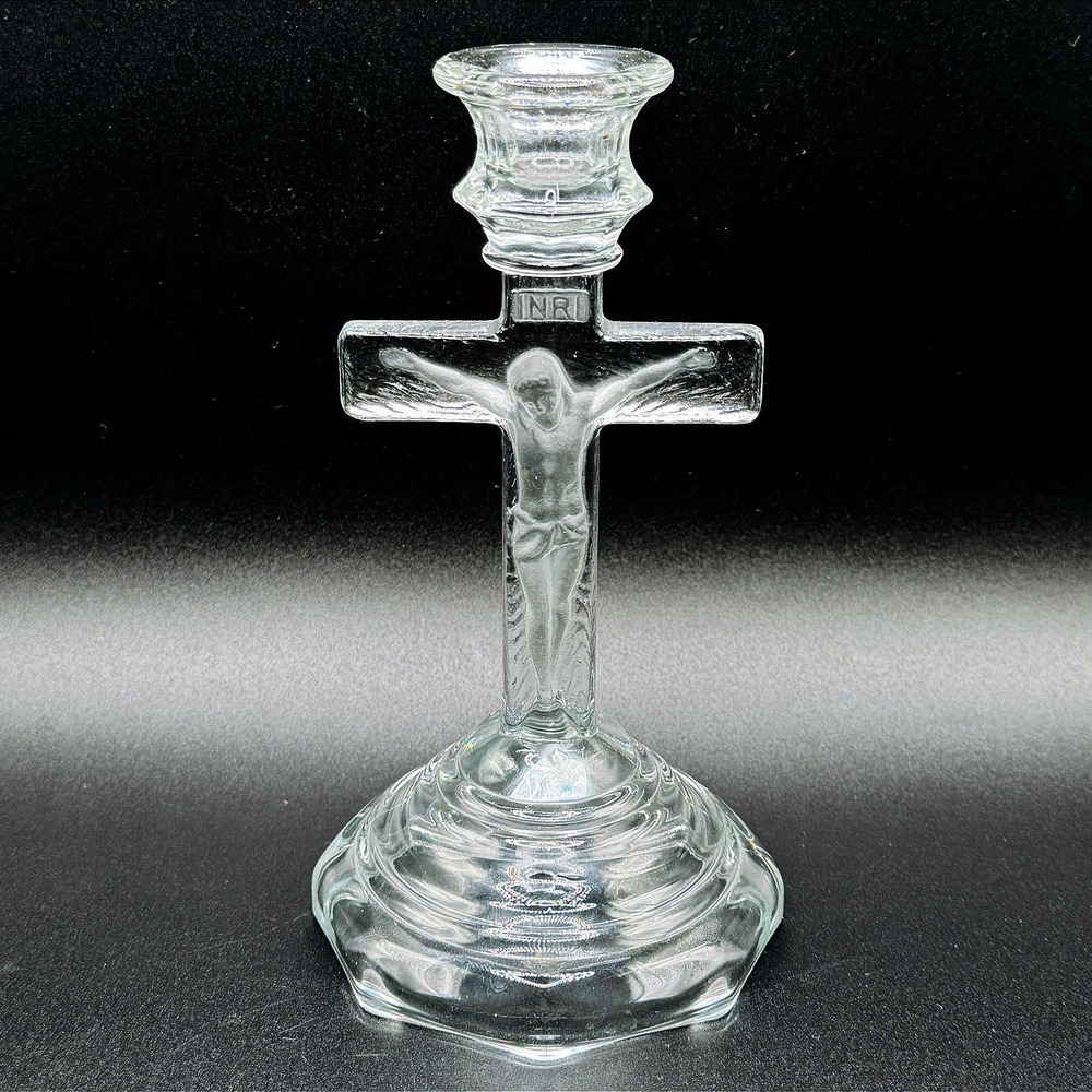 Vintage Home Interiors Glass Crucifix Candle Holder Jesus Religious Cross USA